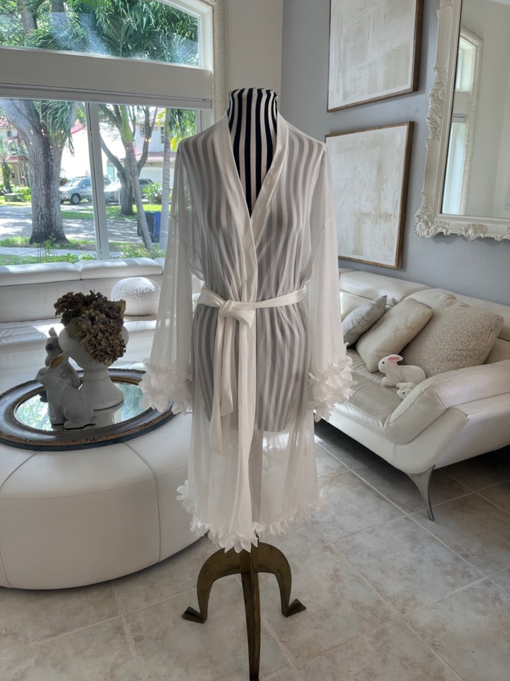 Sheer White Floral-Trim Robe with Tie Belt - Women Intimates & Sleepwear